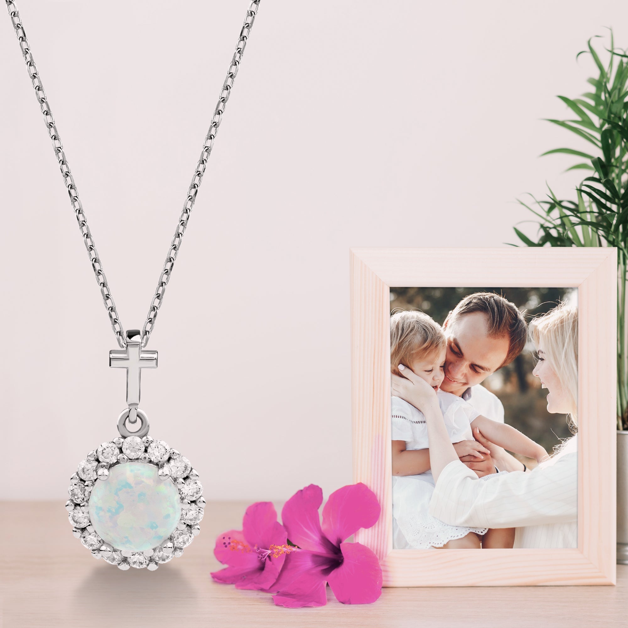 Round White Opal with CZ Accents