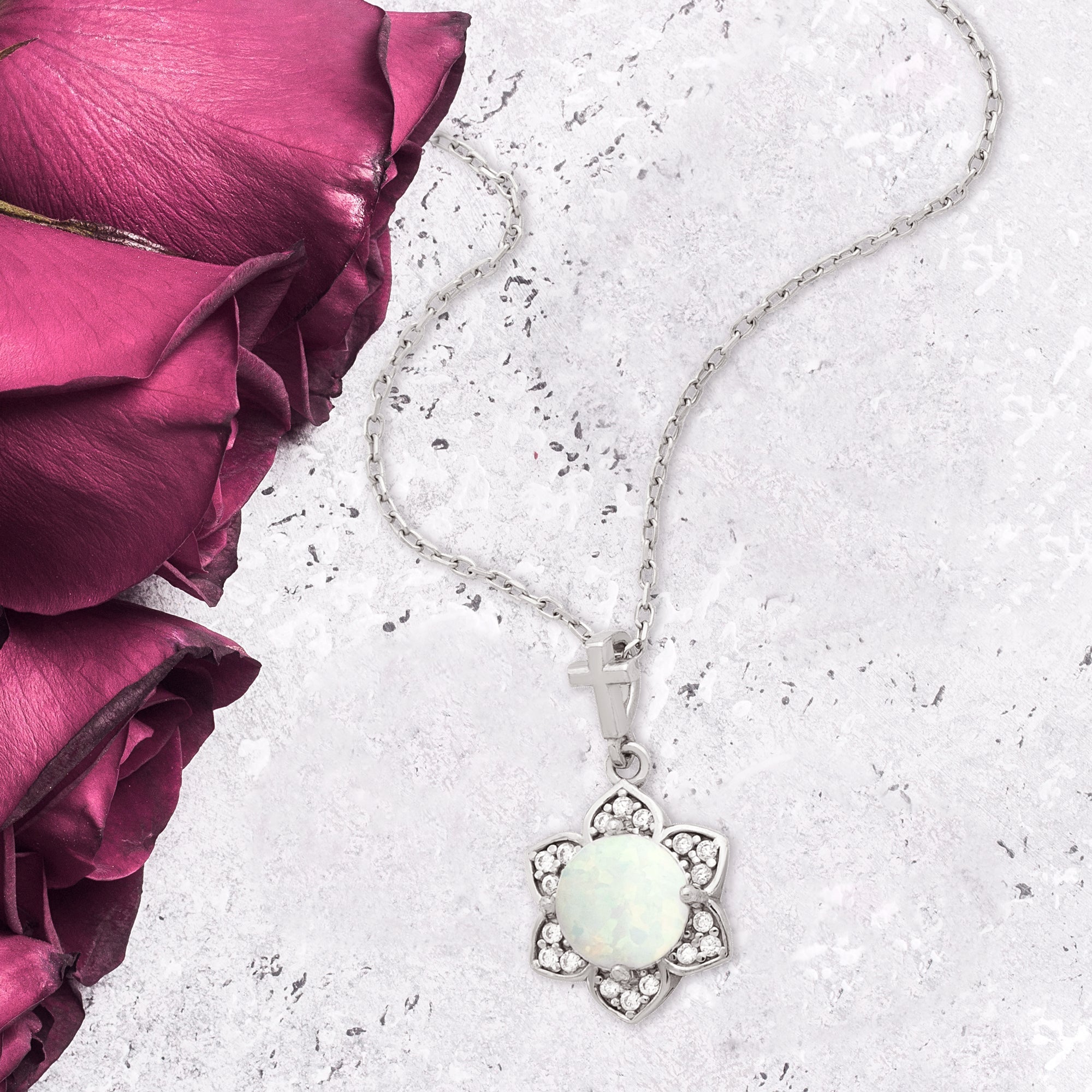 Flower White Opal with CZ Accents