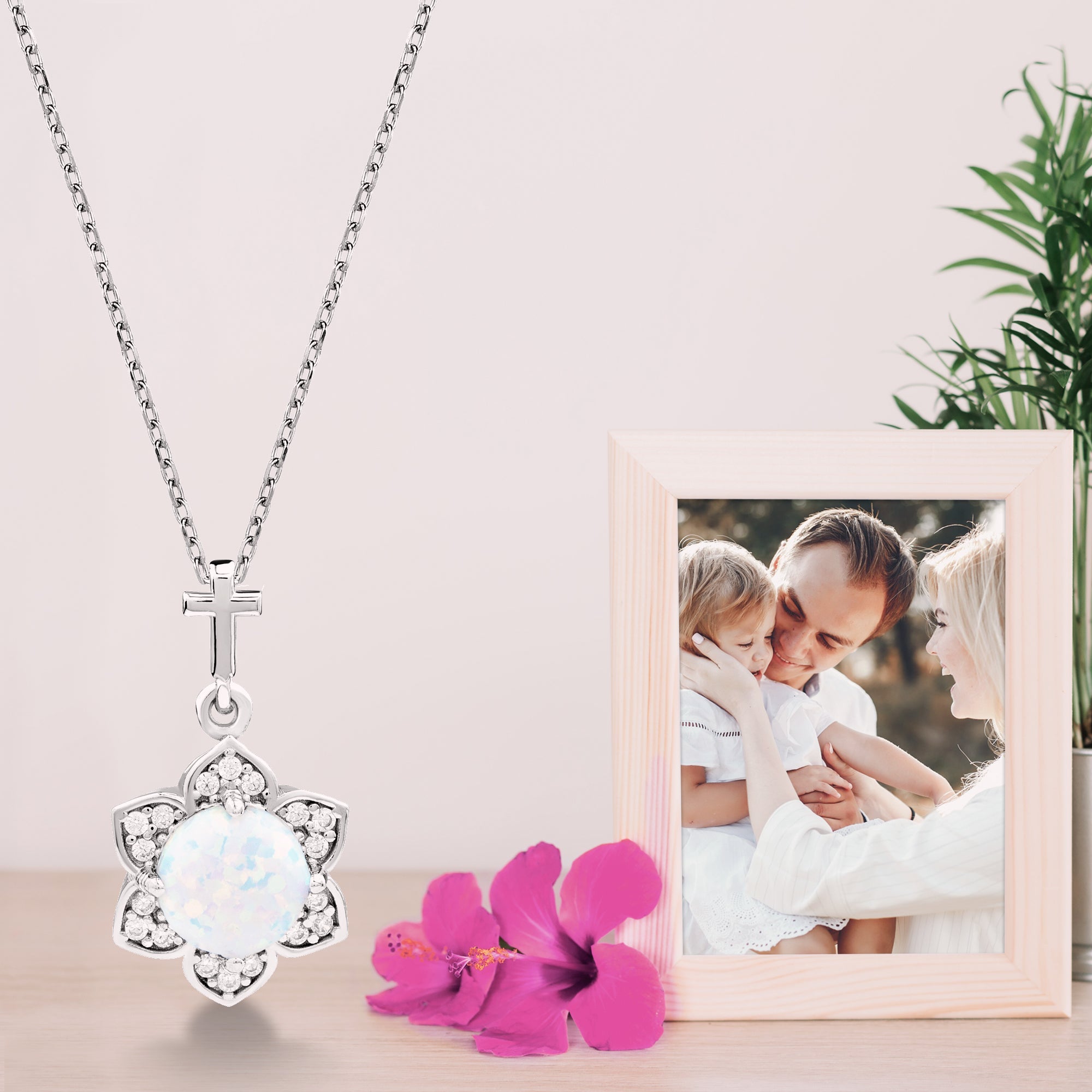 Flower White Opal with CZ Accents