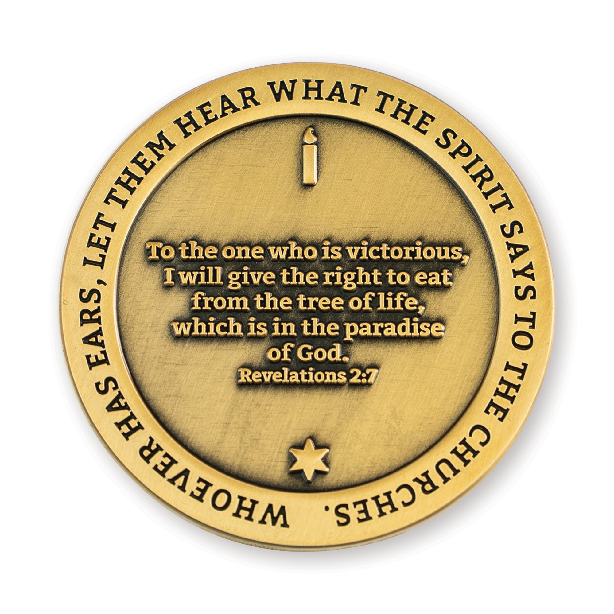 Back: Candle and Star of David, with text "Whoever has ears, let them hear what the Spirit says to the churches." / "To the one who is victorious, I will give the right to eat from the tree of life, which is in the paradise of God. Revelations 2:7"