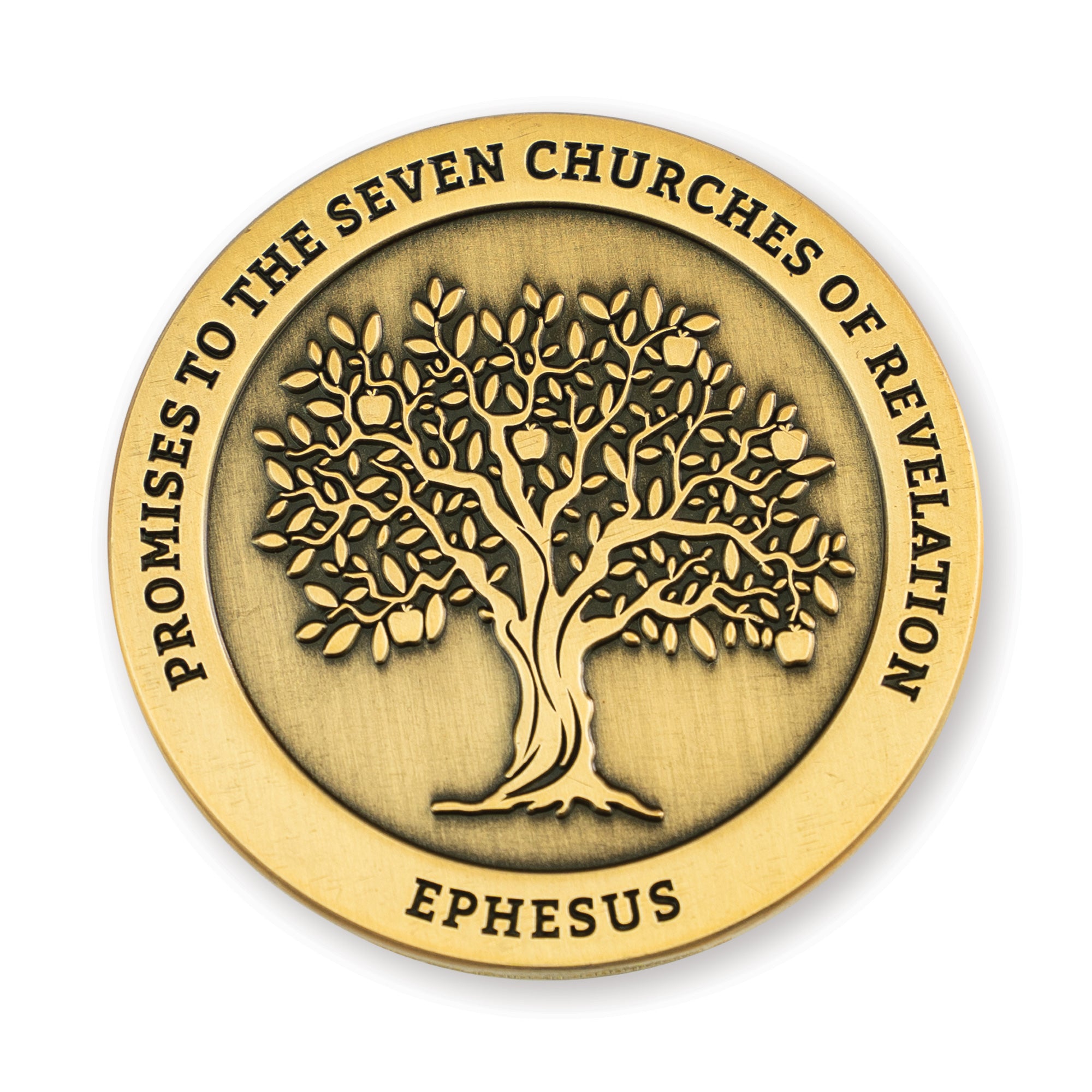 Front: Tree with apples, with text "Promises to the seven churches of Revelations" / "Ephesus"
