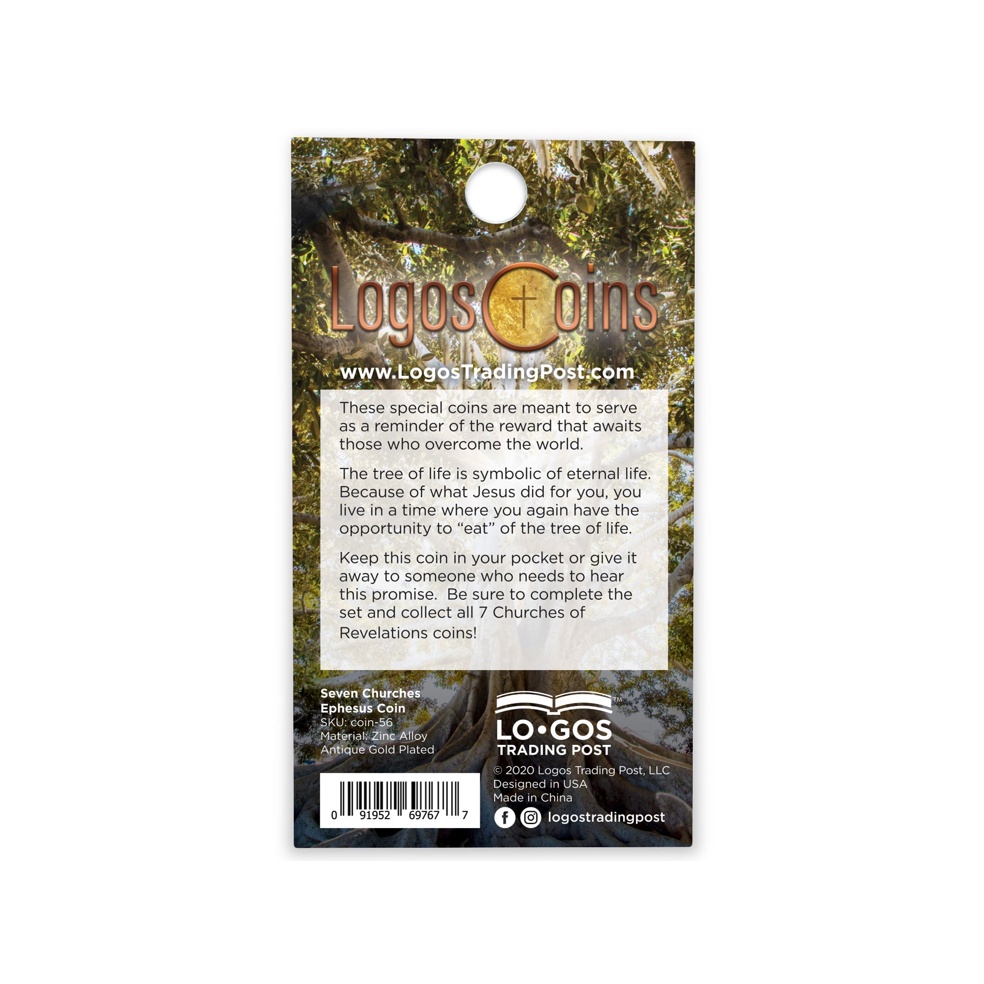 back of Ephesus, Seven Churches of Revelation Antique Gold Plated Challenge Coin of packaging