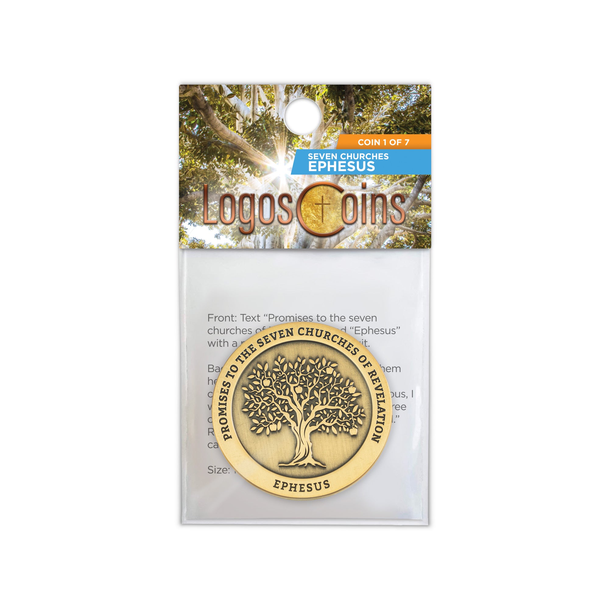 front of Ephesus, Seven Churches of Revelation Antique Gold Plated Challenge Coin in packaging