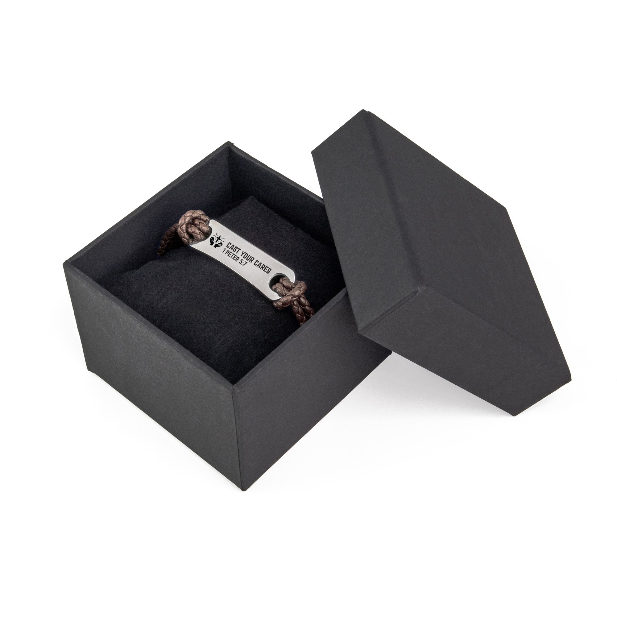 Identified in Christ ID Bracelet Brown Cord – Cast your cares on him, 1 Peter 5:7