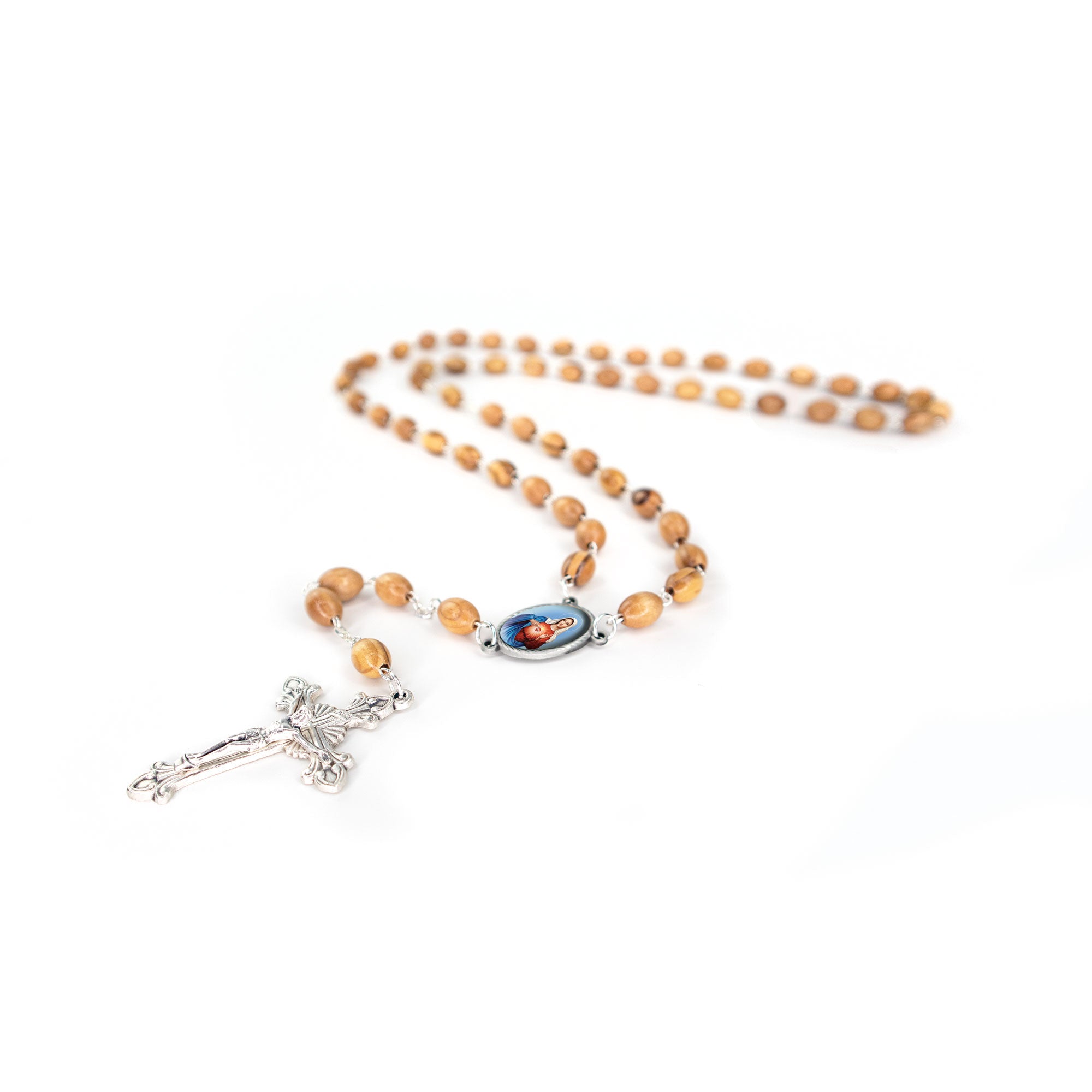 Olive Wood Rosary with Immaculate Heart of the Virgin Mary Oval Medal