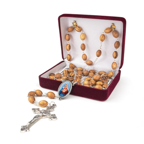 Olive Wood Rosary with Immaculate Heart of the Virgin Mary Oval Medal