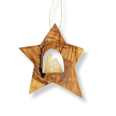 Olive Wood Star of Bethlehem Nativity Ornament, Long