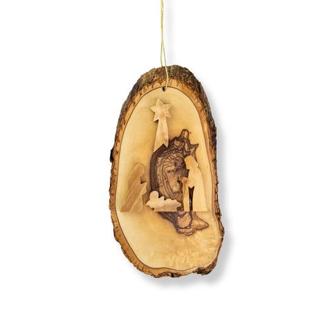 Live Edge Oval Slice Olive Wood with Nativity Ornament