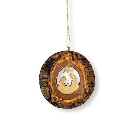 Olive Wood Bark Front Round Nativity Ornament