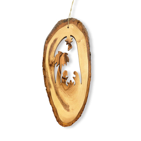 Live Edge Oval Slice Olive Wood with Nativity Ornament, Long