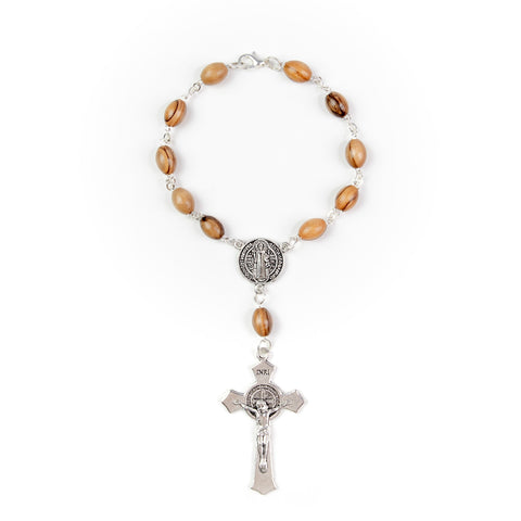 Saint Benedict, Holy Land Olive Wood Pocket Auto Rosary, Made in Bethlehem