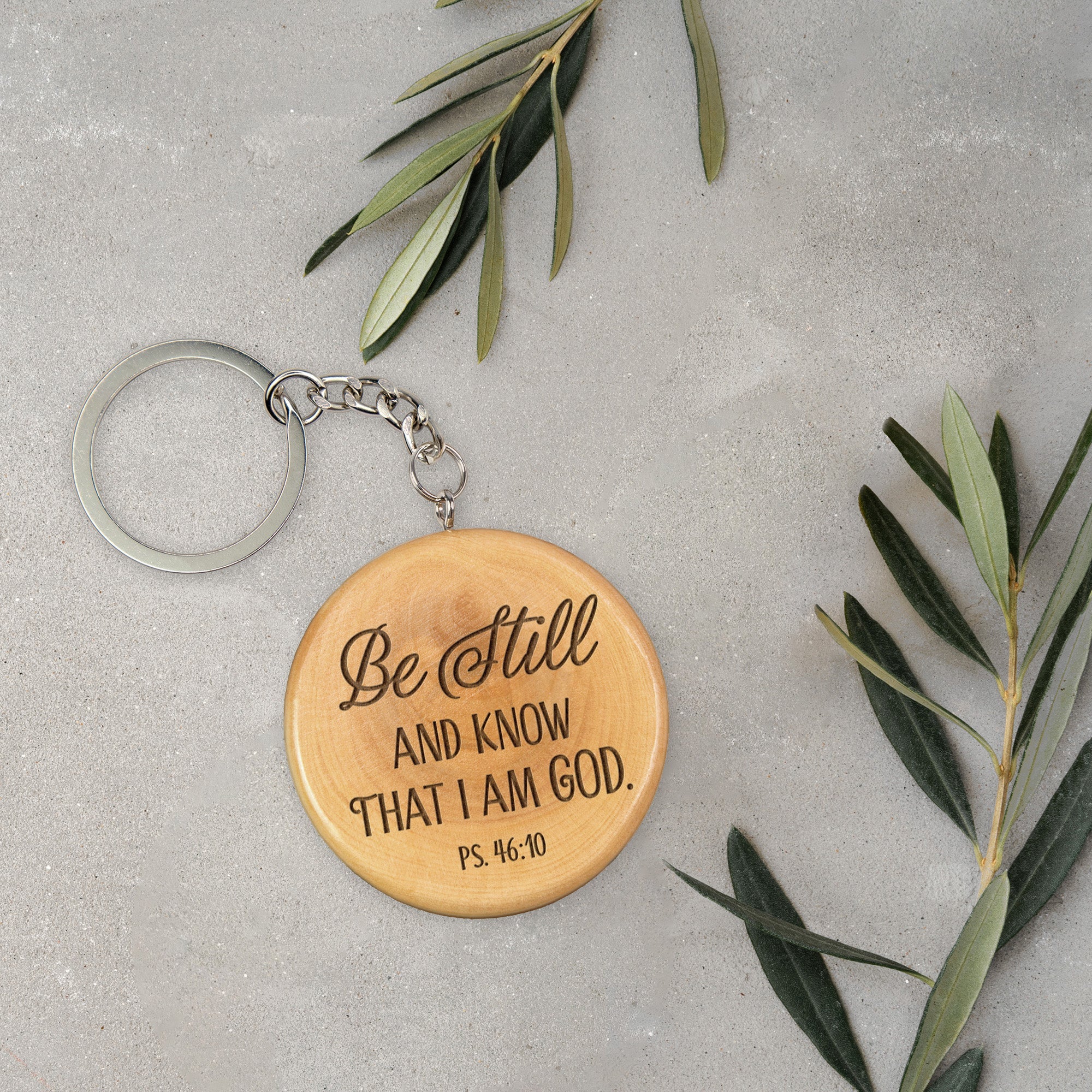 Olive Wood Keychain – Be Still and Know, Psalm 46:10