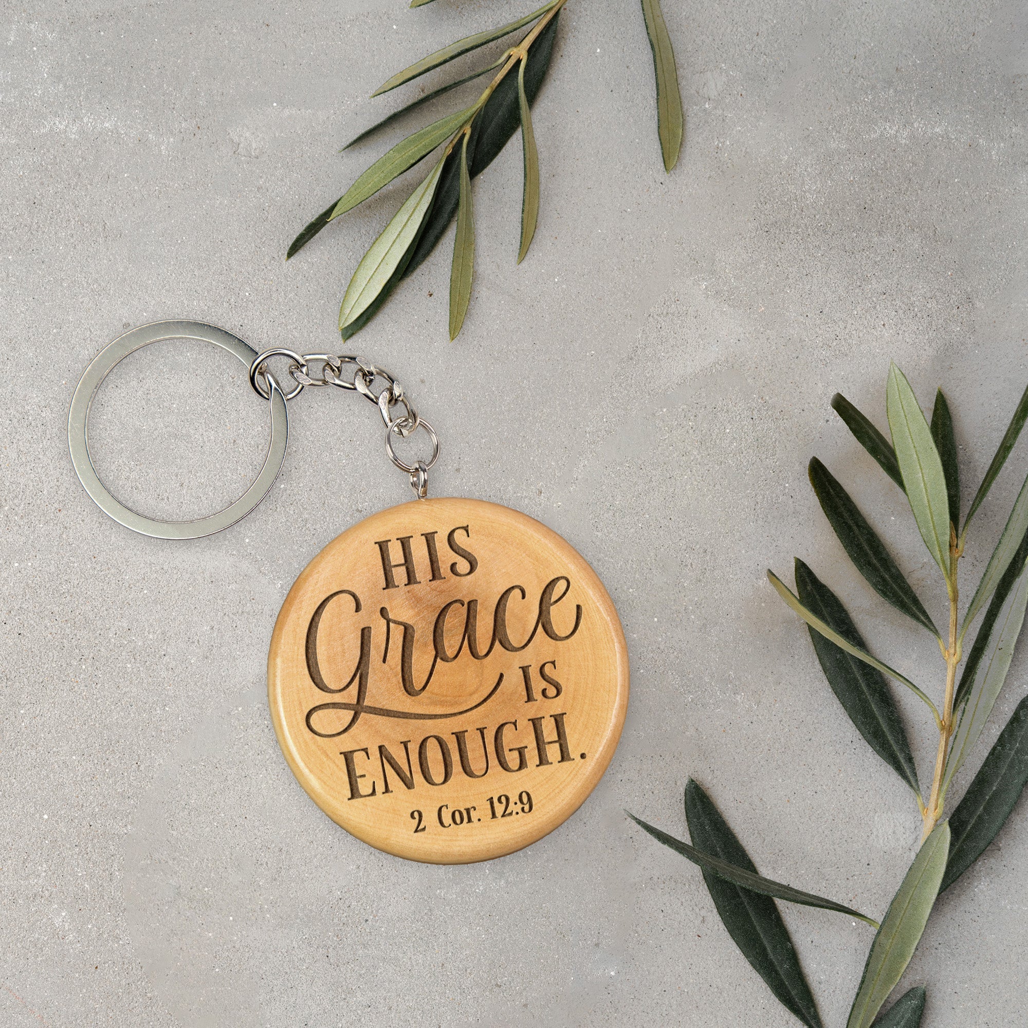 Olive Wood Keychain – His Grace is Enough, 2 Cor 12:9