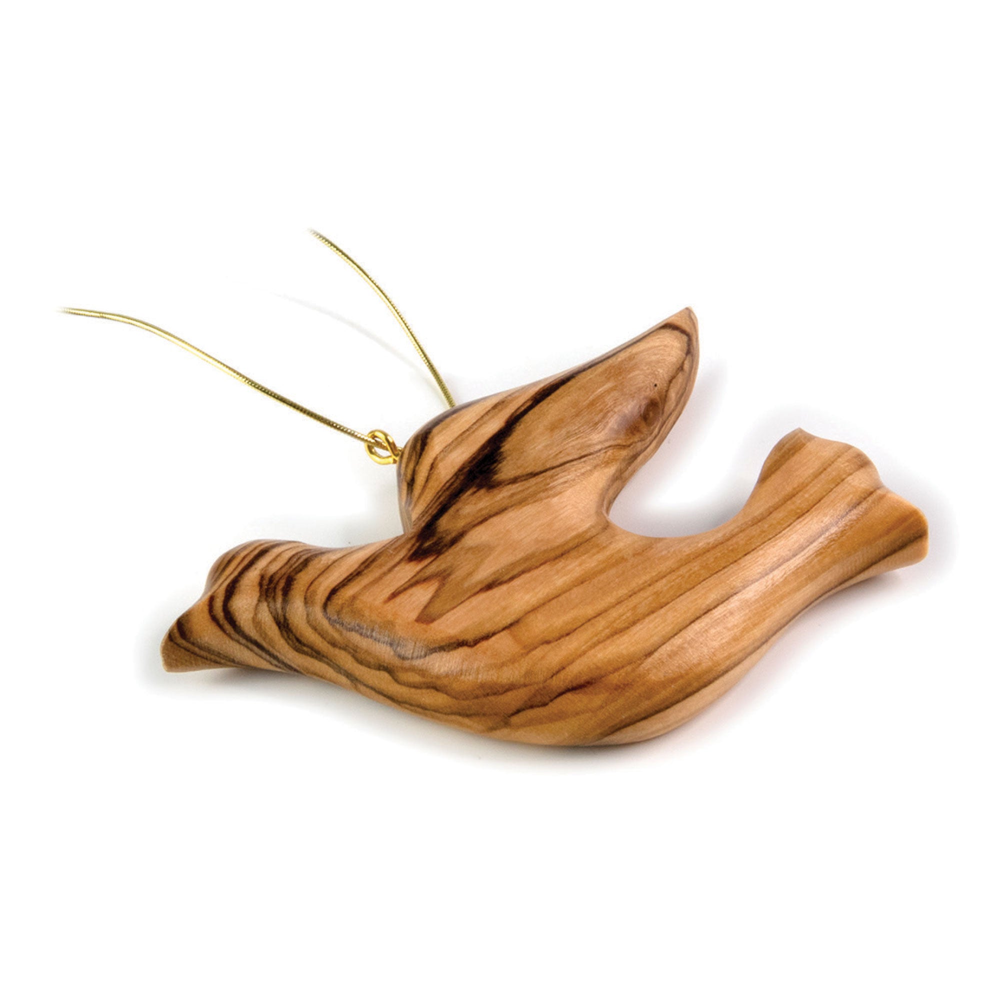 Side View of Thick Cut Olive Wood Dove Christmas Ornament