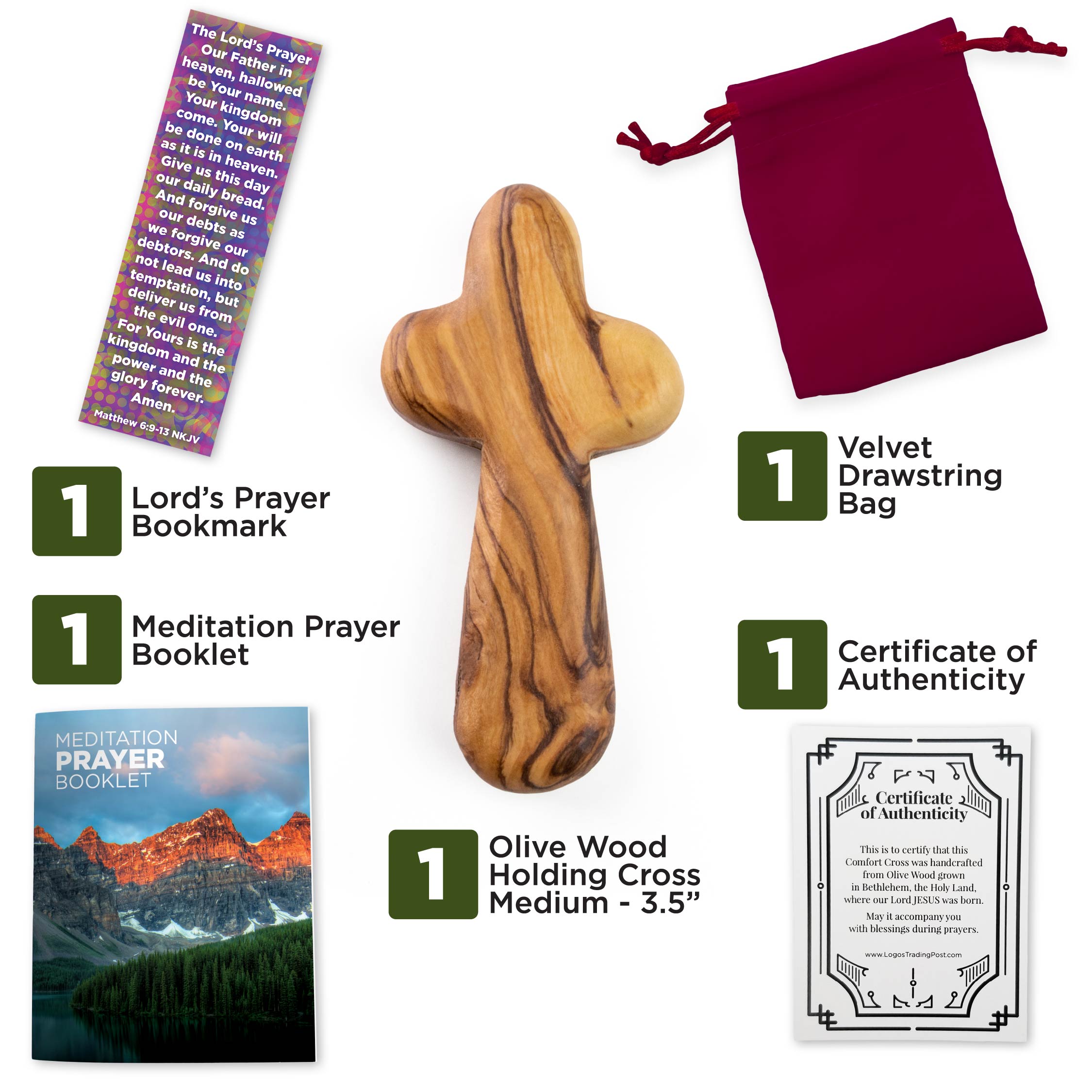 A medium olive wood handheld comfort cross, accompanied by a red velvet bag, a 16-page meditation prayer booklet, a Lord's Prayer bookmark and a certificate of authenticity, displayed on a white background.