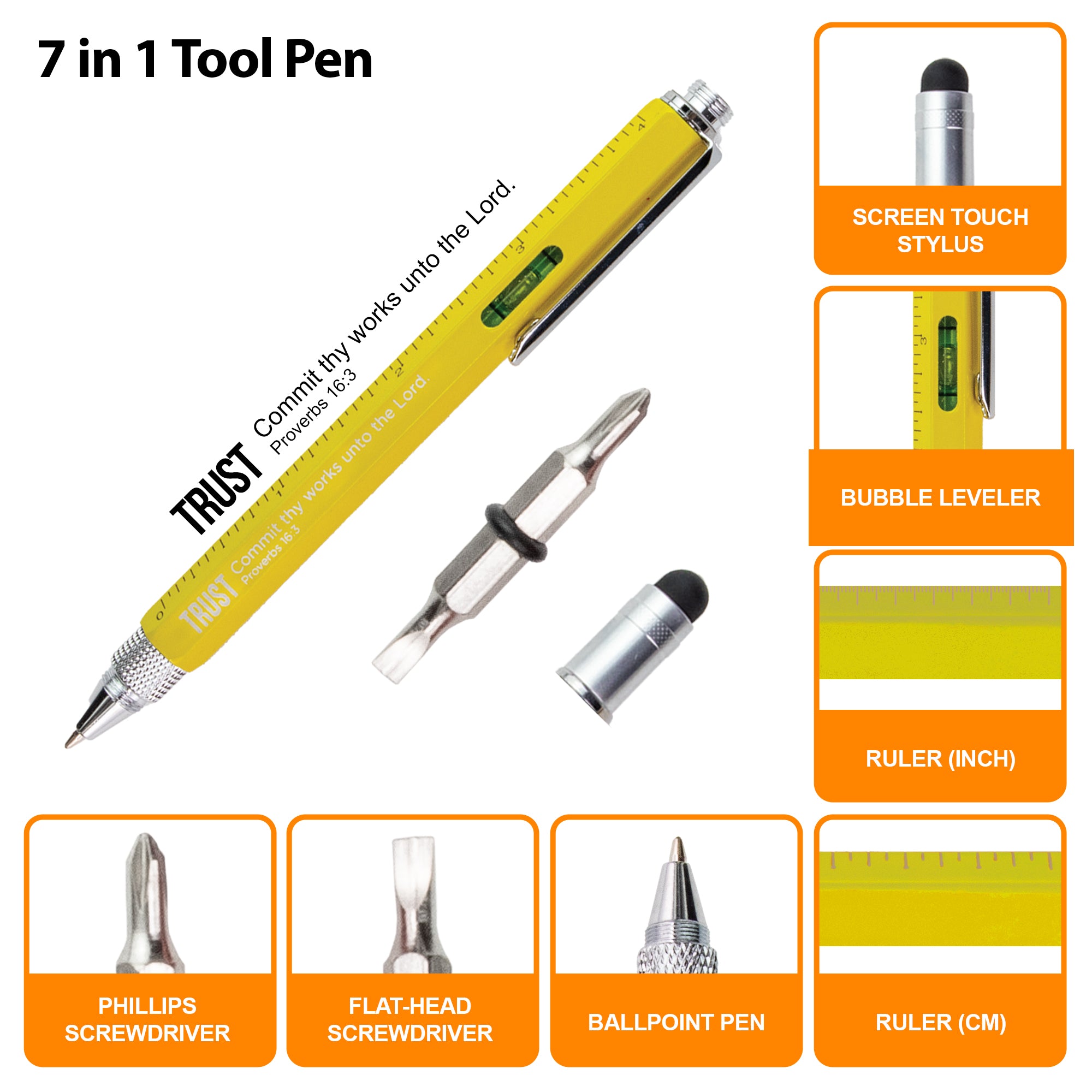 7 in 1 Multitool Pen With Scripture - Trust: Prov. 16:3