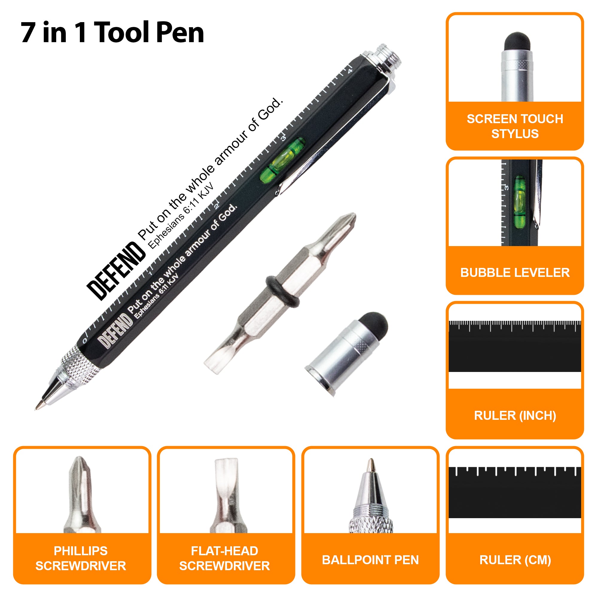 7 in 1 Multitool Pen With Scripture - Defend: Eph. 6:11