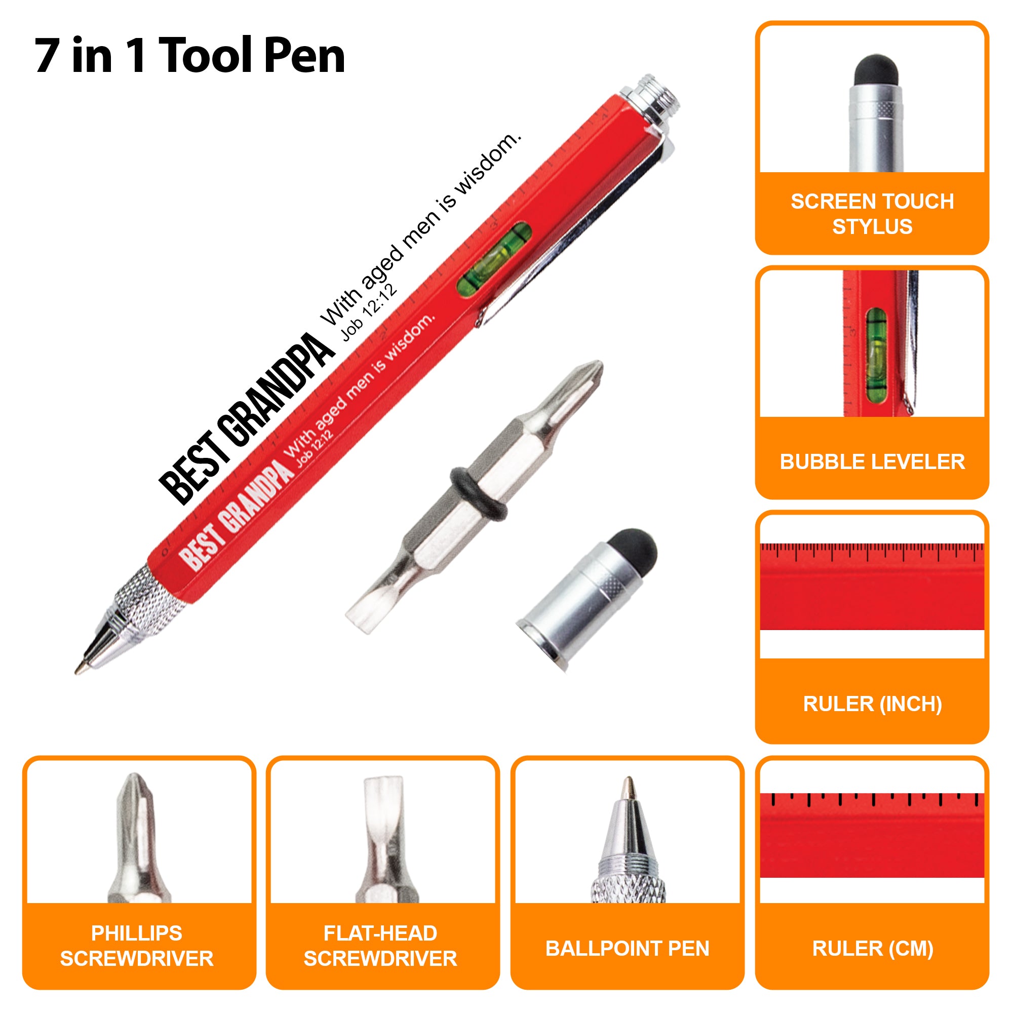 7 in 1 Multitool Pen With Scripture - Best Grandpa: Job 12:12