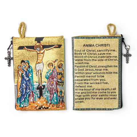 Woven Tapestry Rosary Pouch, Jewelry & Coin Purse - Crucifixion and Anima Christi, Soul of Christ Prayer