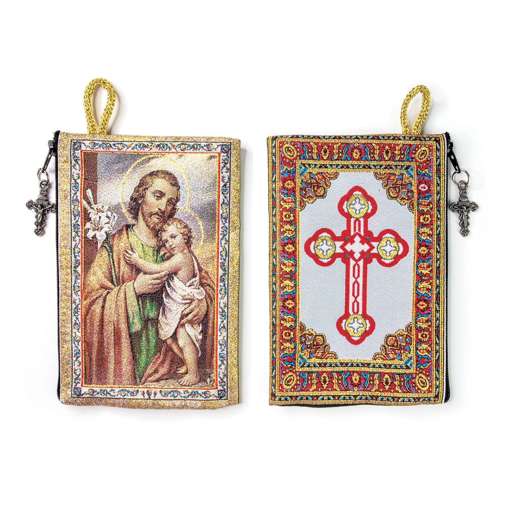 Woven Tapestry Rosary Pouch, Jewelry & Coin Purse - St Joseph and Cross