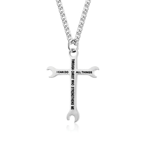 I Can Do All Things Wrench Cross with 24 in Stainless Steel Chain – Silver Color