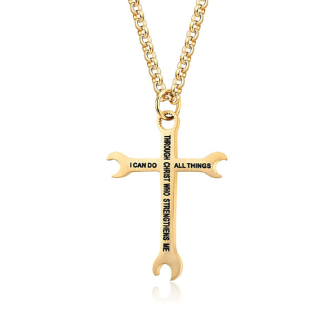 I Can Do All Things Wrench Cross with 24 in Stainless Steel Chain – Gold Color
