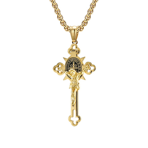 St Benedict Crucifix with 24 in Stainless Steel Chain – Gold Color