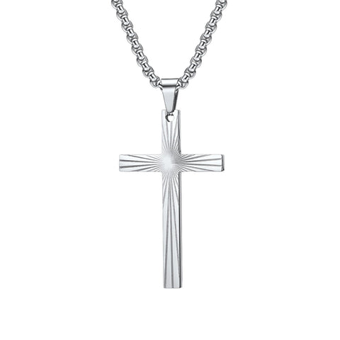 Sunburst Cross with 24 in Stainless Steel Chain – Silver Color