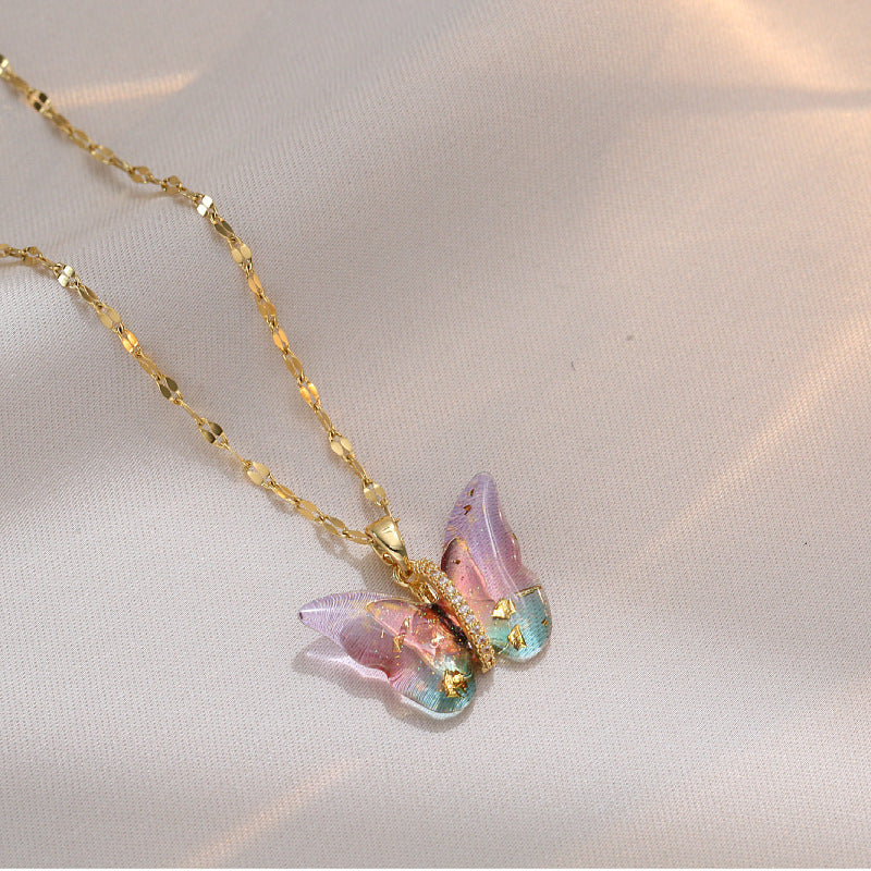 Butterfly Pendant with CZ accents Necklace – Pink and Green
