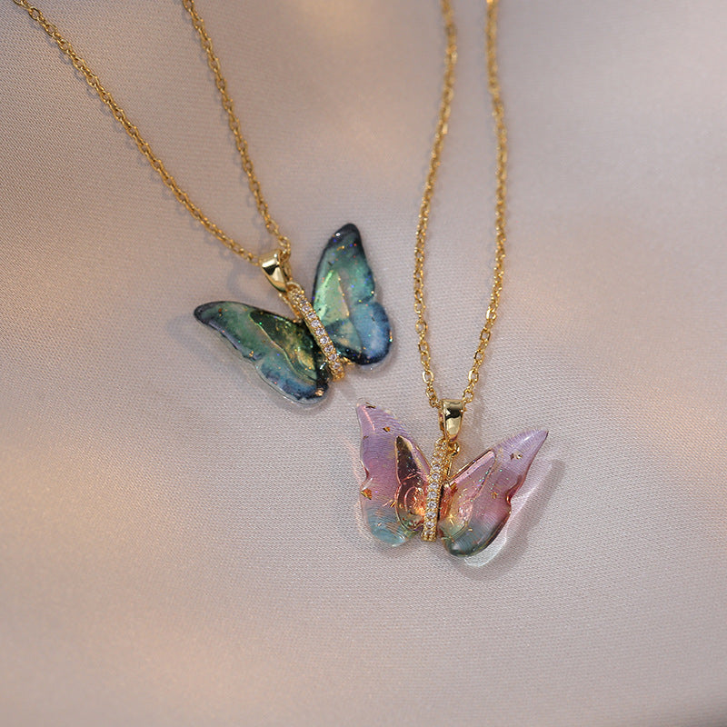 Butterfly Pendant with CZ accents Necklace – Pink and Green