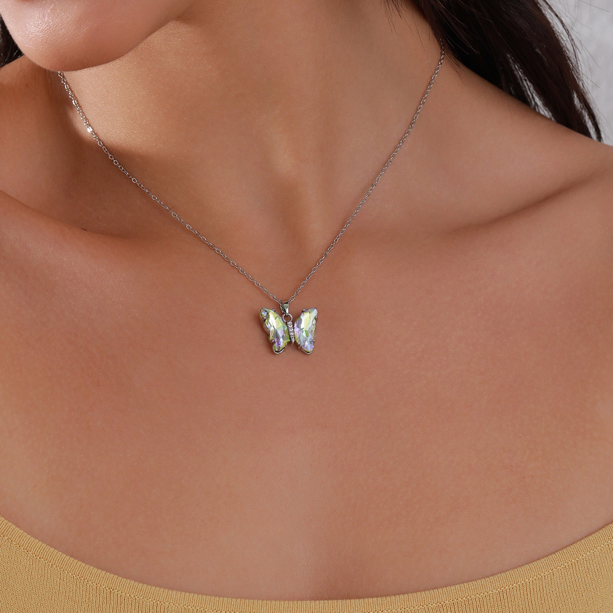 Butterfly Pendant with CZ accents Necklace – Blue Iridescent