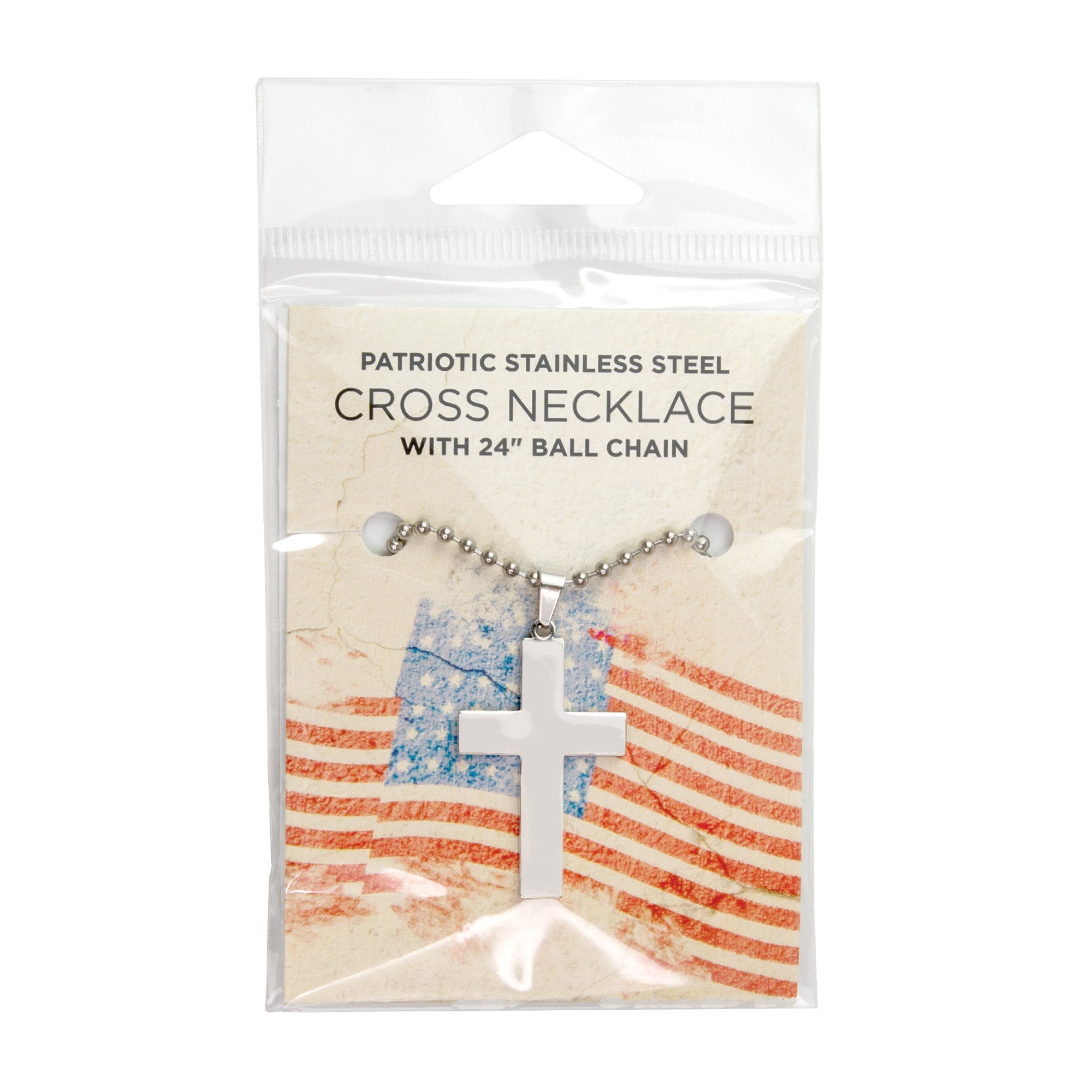 Patriotic Stainless Steel Cross with 24 in Steel Ball Chain