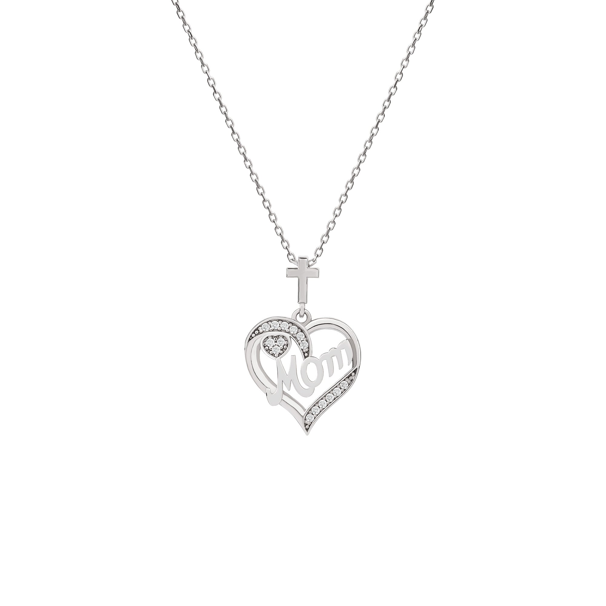 Mom Banner Heart with Cubic Zirconia Accents and Cross Sterling Silver Pendant
