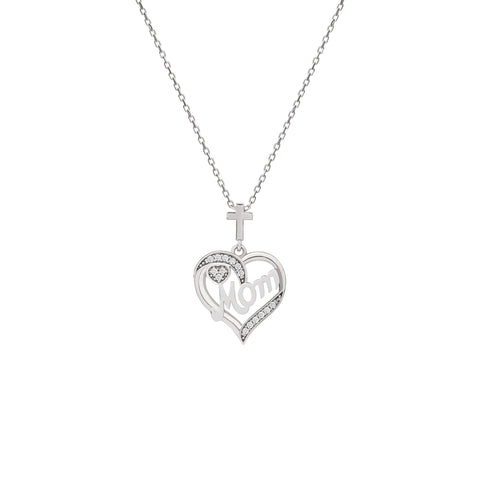Mom Banner Heart with Cubic Zirconia Accents and Cross Sterling Silver Pendant