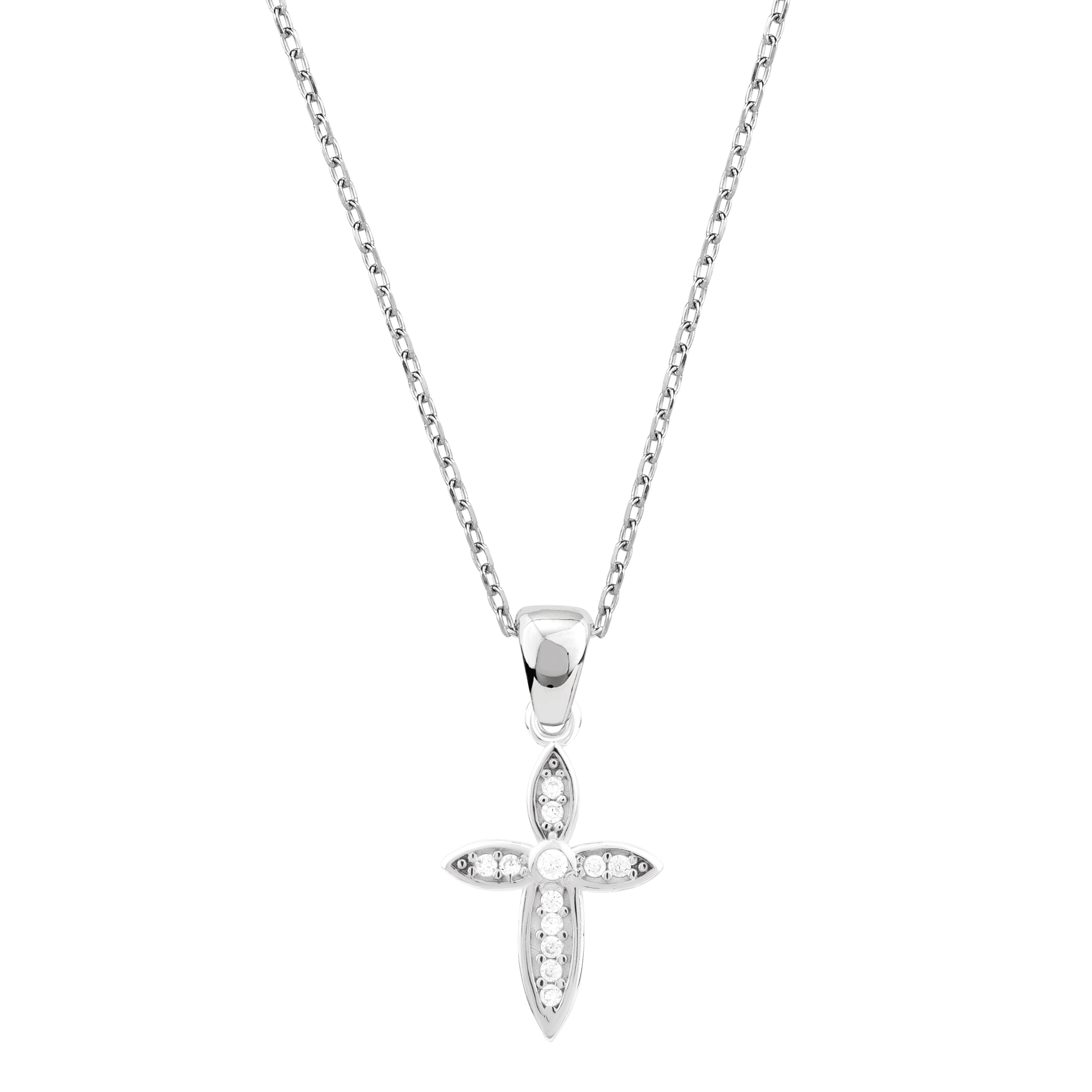 Sterling Silver Leaf Cross with CZ Accents