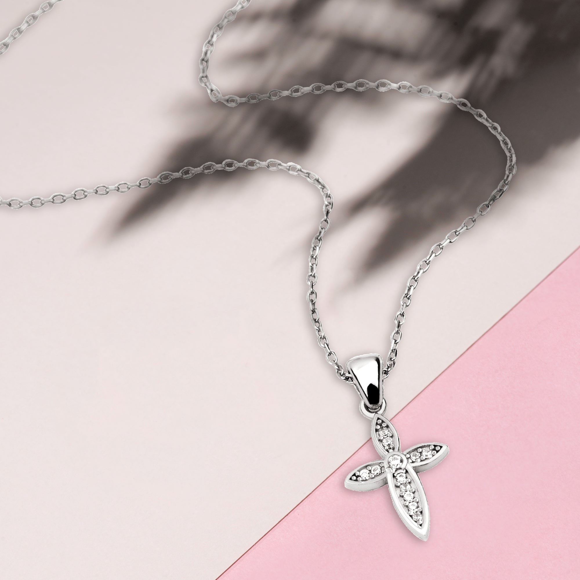 Sterling Silver Leaf Cross with CZ Accents