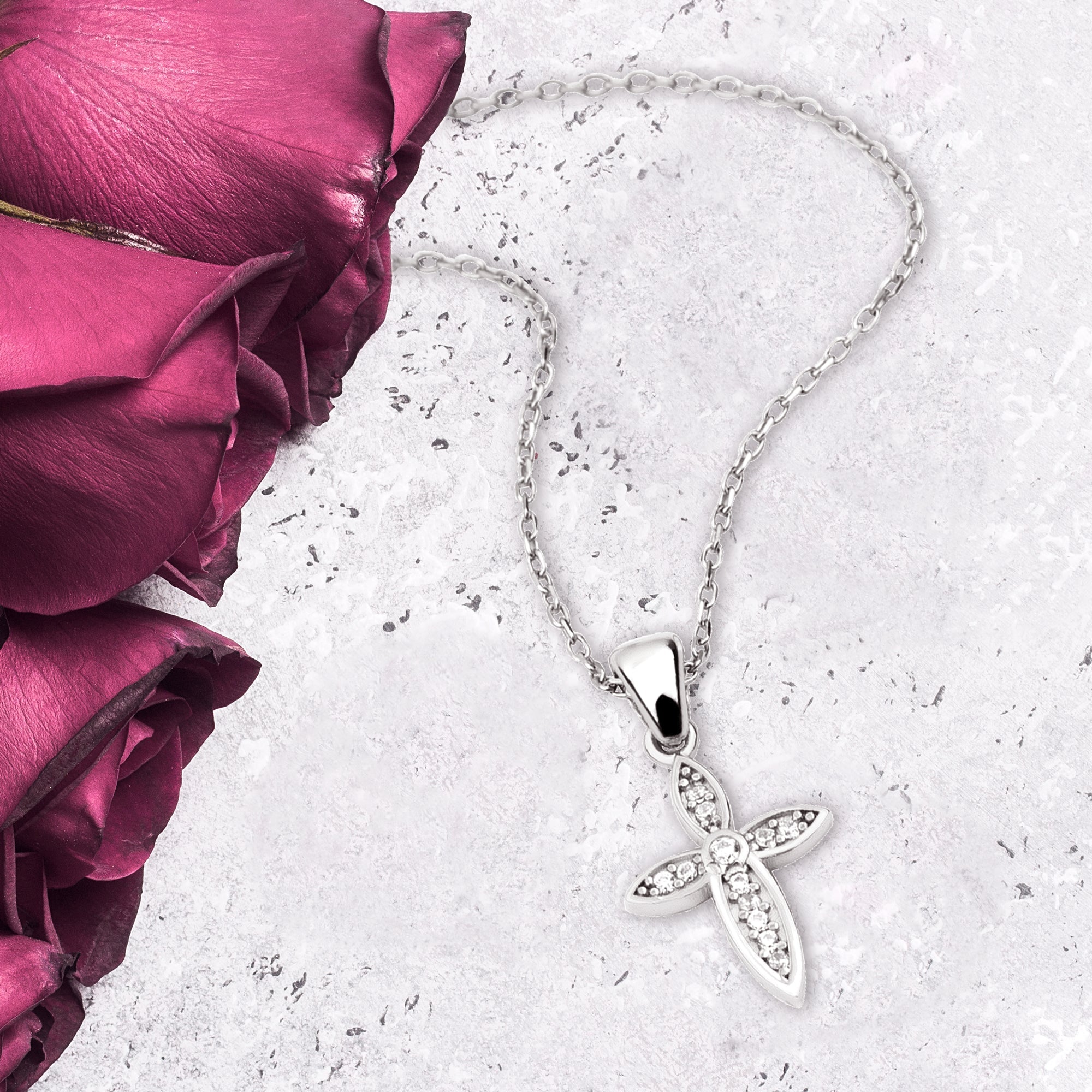 Sterling Silver Leaf Cross with CZ Accents