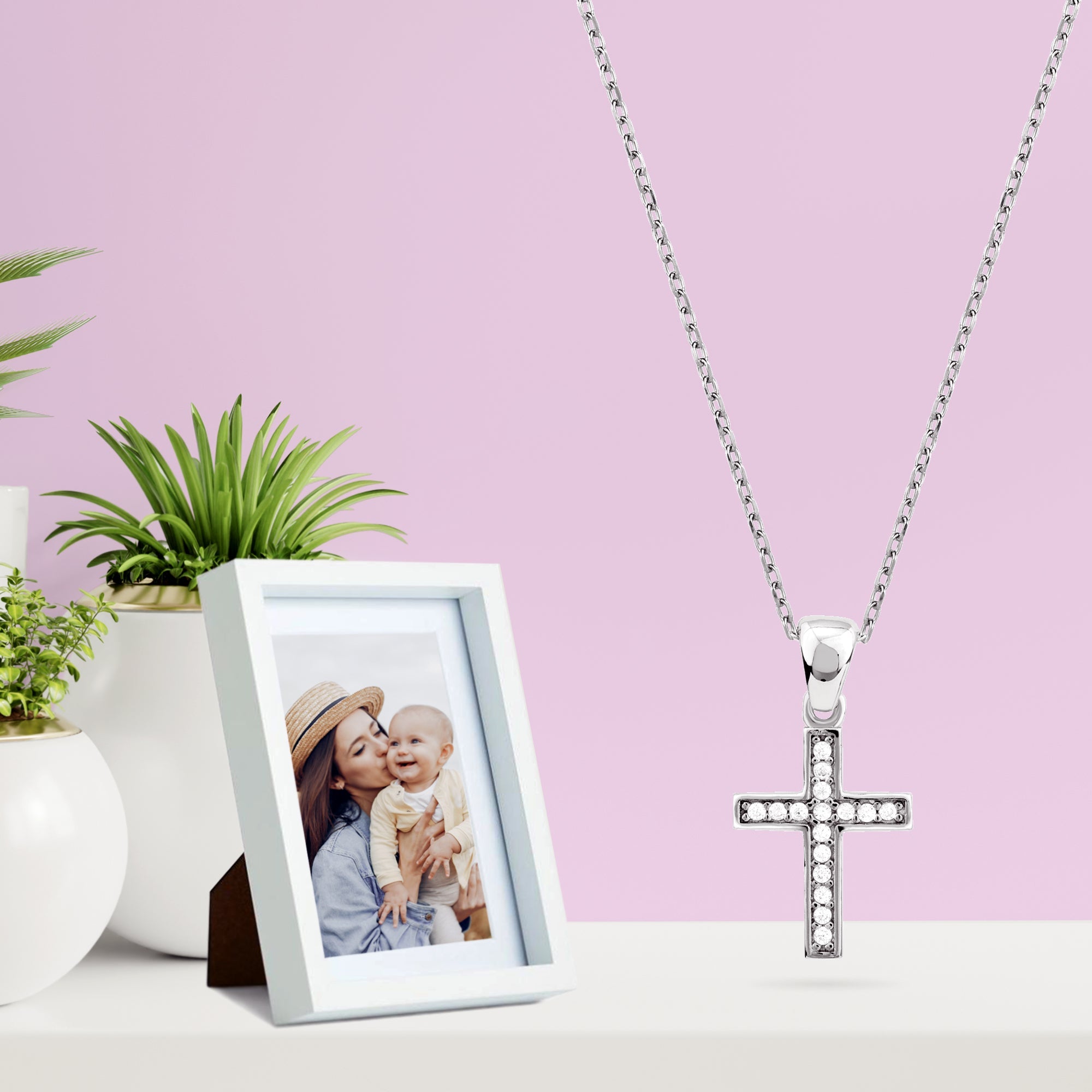Sterling Silver Small Simple Cross with CZ Accents