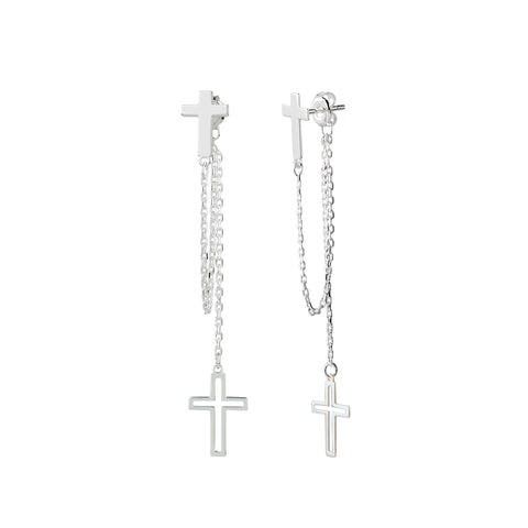 Sterling Silver Chain Earrings, Solid Cross with Dangling Open Cross