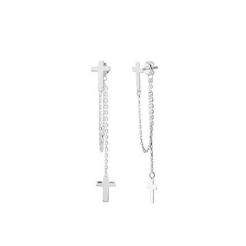 Sterling Silver Chain Earrings, Solid Cross with Dangling Solid Cross
