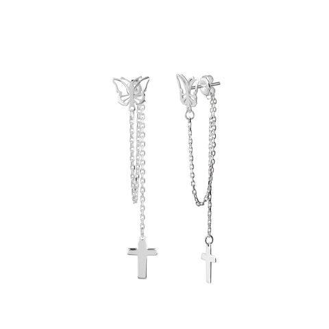 Sterling Silver Chain Earrings, Open Butterfly with Dangling Solid Cross