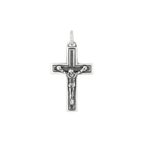 Bordered Latin Crucifix Antiqued Sterling Silver Pendant