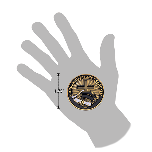 Congratulations Graduate Antique Gold Plated Christian Coin in a hand for size reference