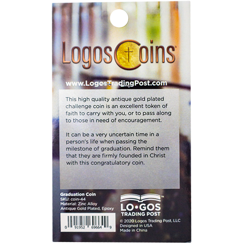 back of Congratulations Graduate Antique Gold Plated Christian Coin  packaging
