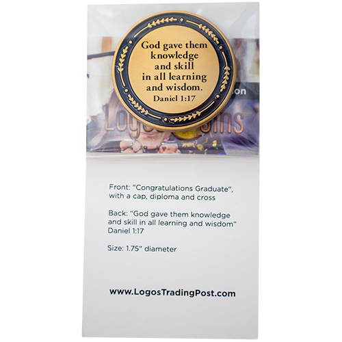 back of Congratulations Graduate Antique Gold Plated Christian Coin  in packaging