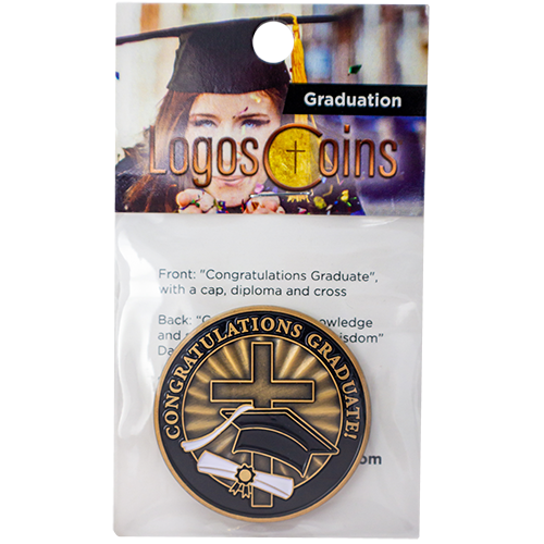 front of Congratulations Graduate Antique Gold Plated Christian Coin in packaging