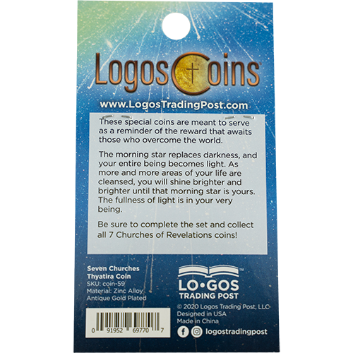 back of Thyatira, Seven Churches of Revelation Antique Gold Plated Challenge Coin packaging