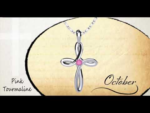 October Pink Tourmaline Birthstone Swirl Cross Sterling Silver Pendant Necklace - With 18 Sterling Silver Chain