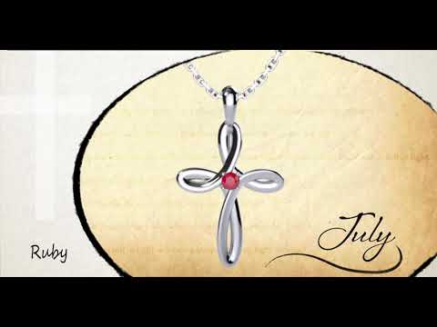 July Ruby Birthstone Swirl Cross Sterling Silver Necklace - With 18" Sterling Silver Chain