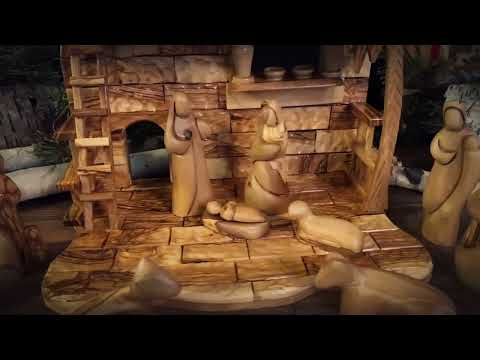 Holy Land Olive Wood Nativity with Large Stable and Large Faceless Figurines